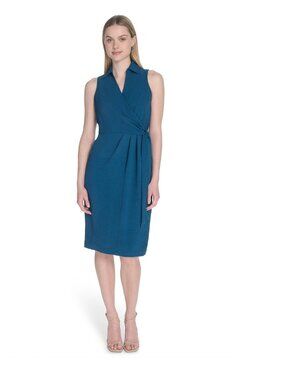 Calvin Klein Womens Sleeveless Wrap Dress With Tie Waist In Teal Blue Size